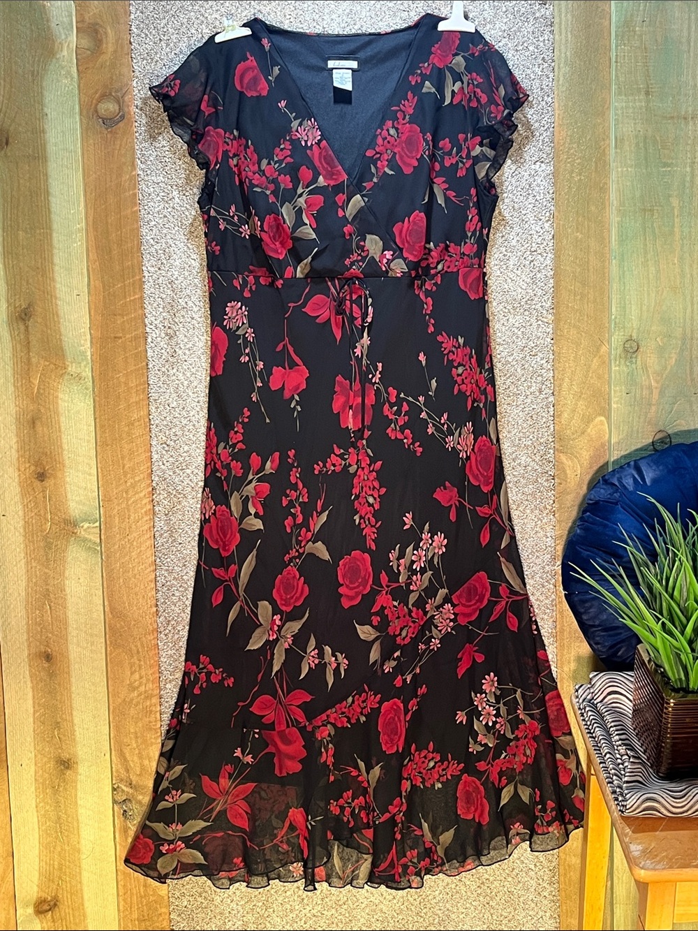 90s Believe Black Floral Wrap Midi Dress with Red Roses.